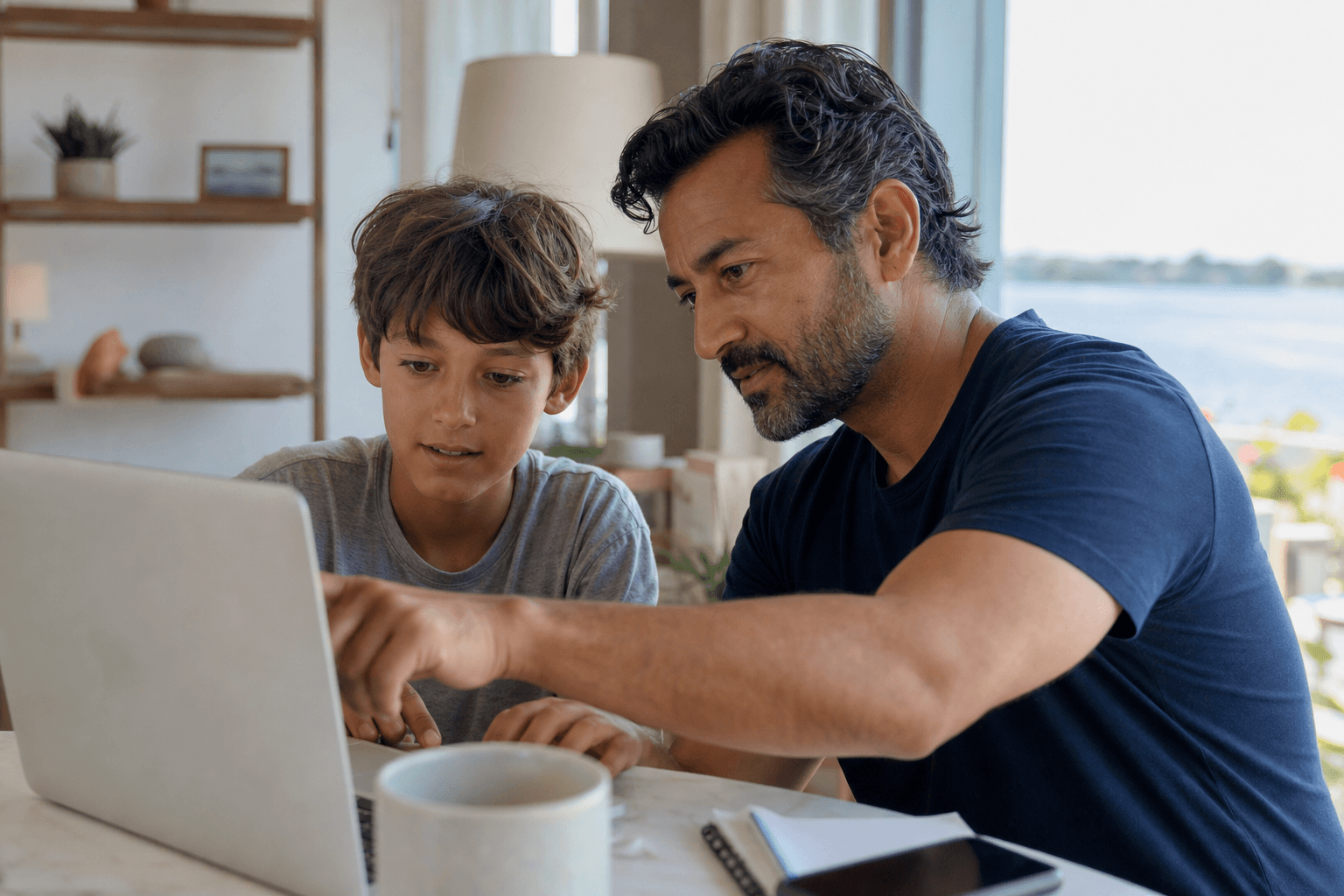 A tech coach mentoring a kid at a laptop
