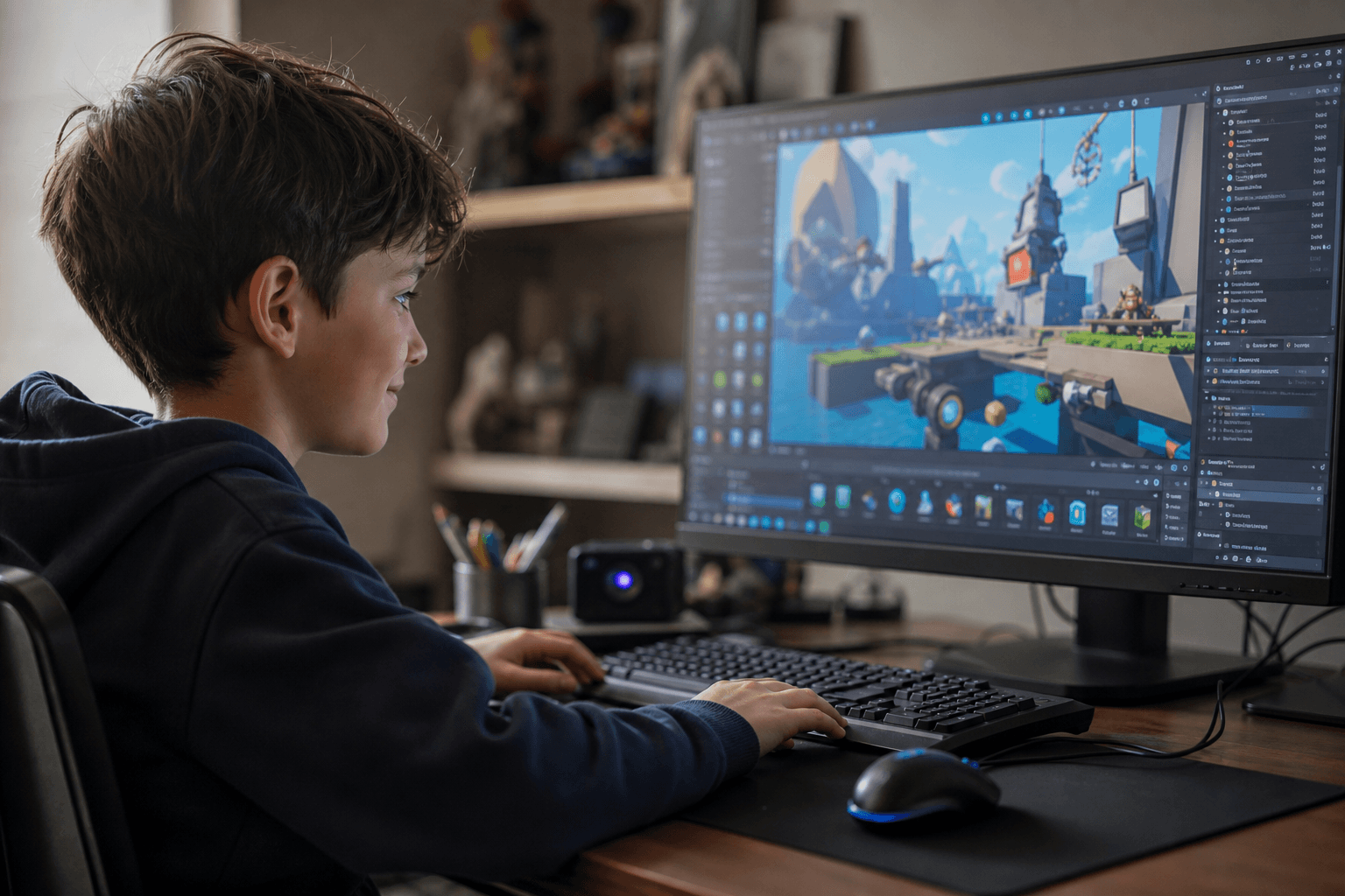 A kid building a creative project on a computer