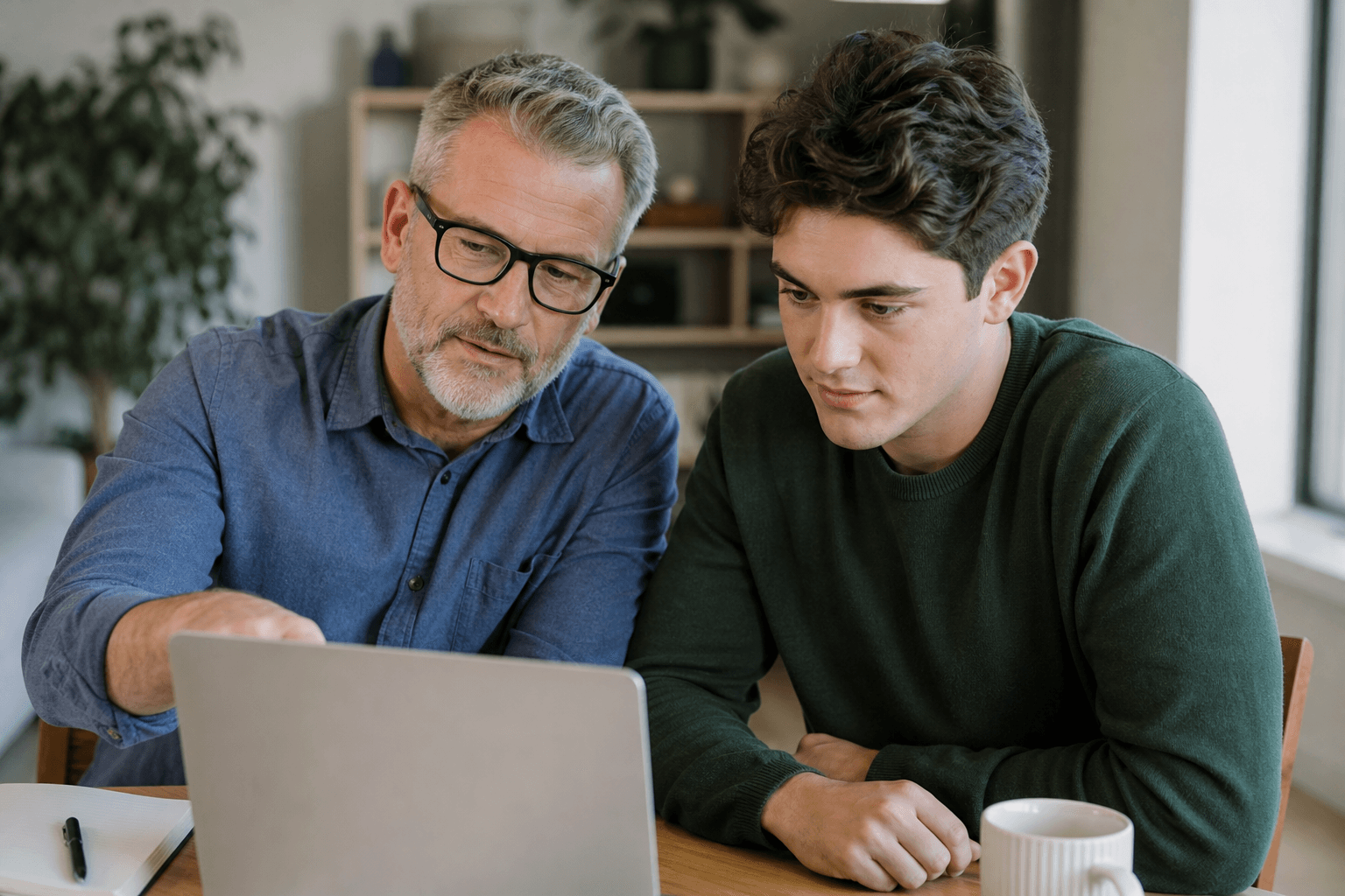 A mentor and young adult reviewing an online profile