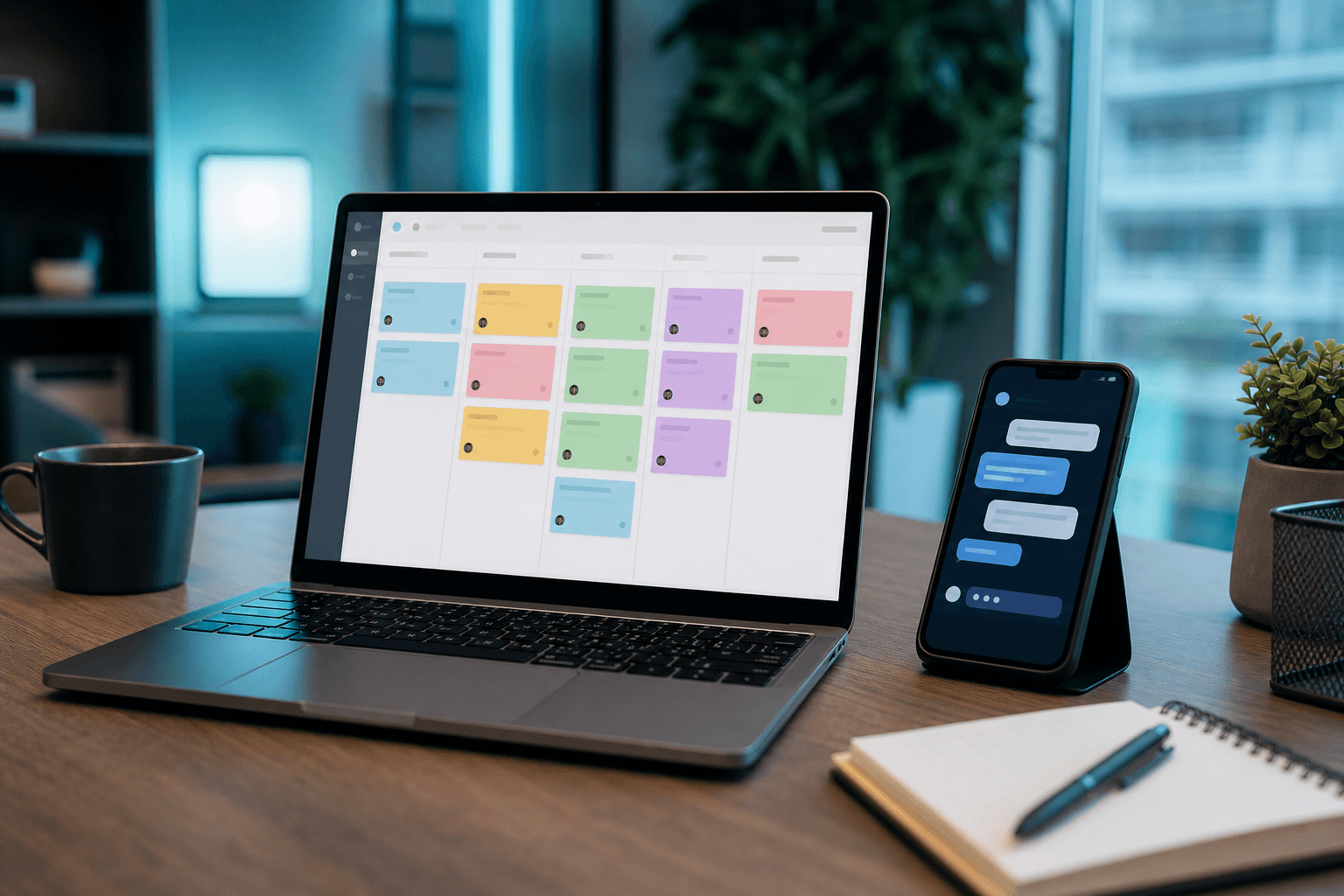 Laptop showing a clean workflow board and AI chat