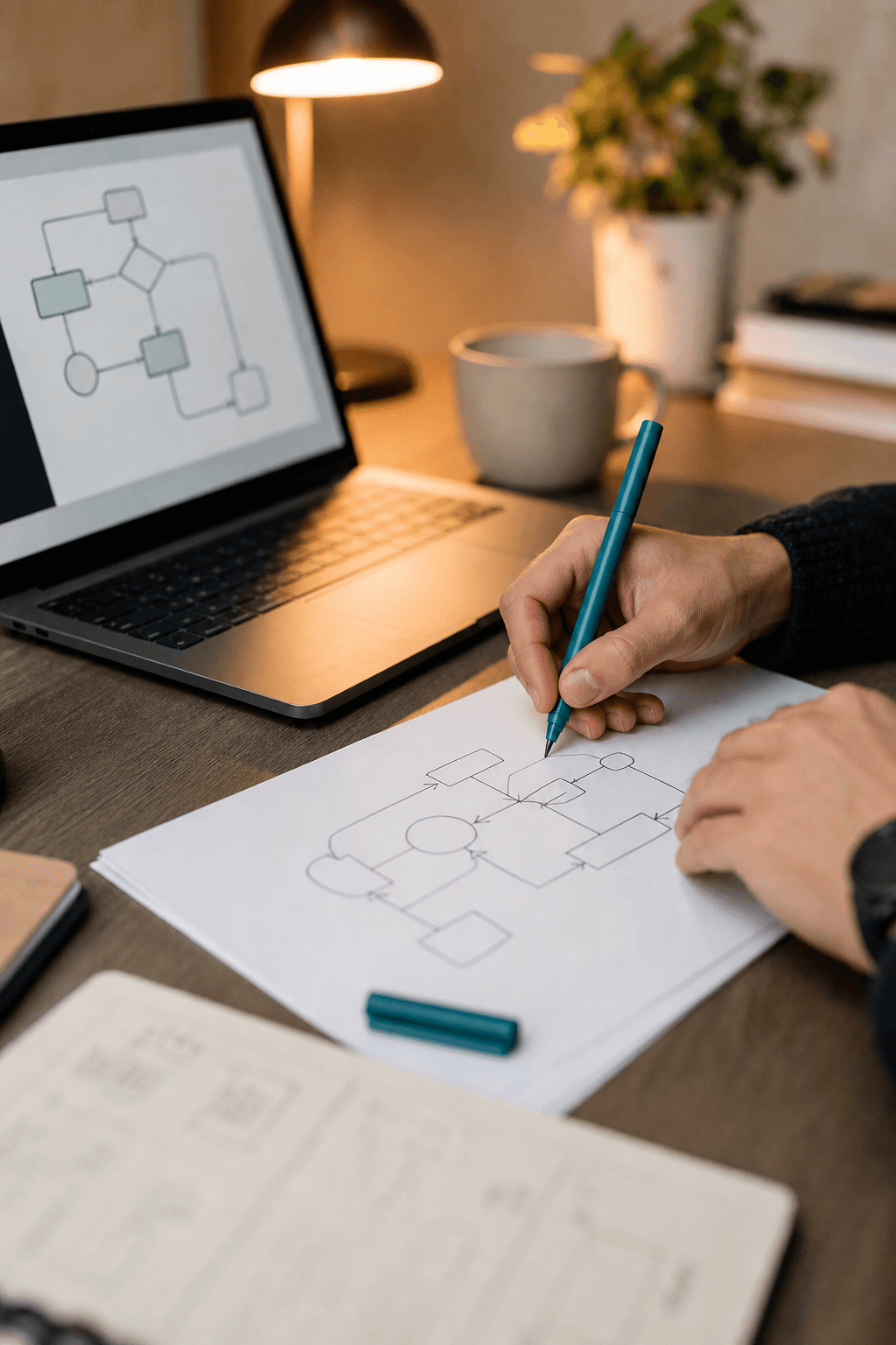 Hands mapping a business workflow beside a laptop