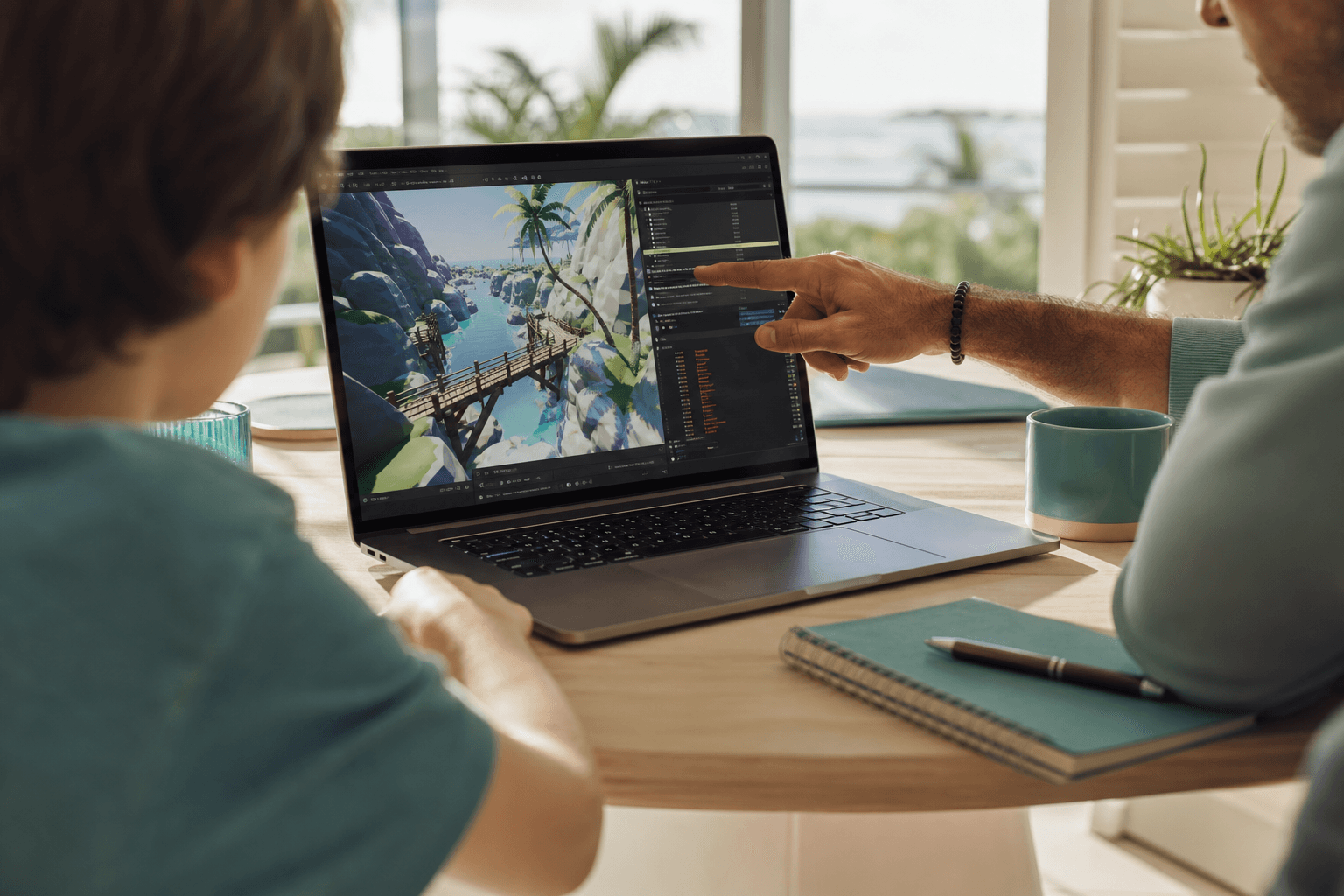 A mentor and learner building together at a laptop